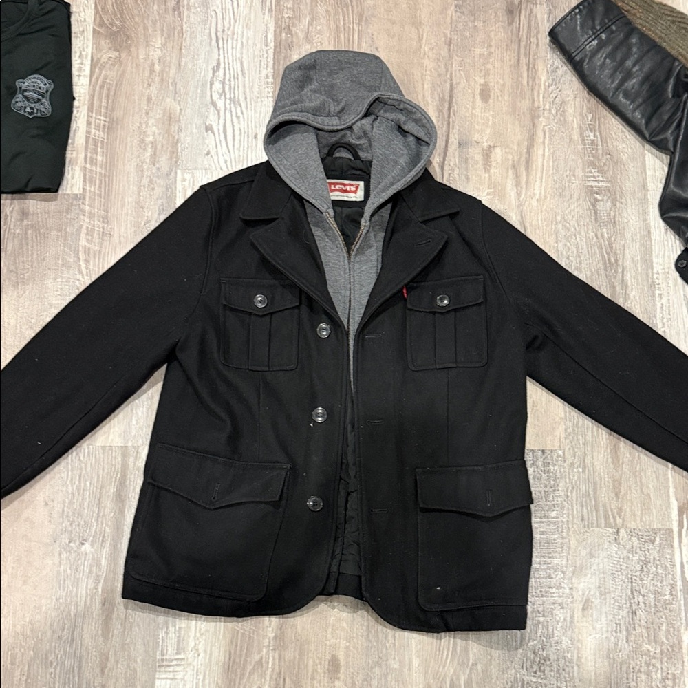 Levi's Black Pea Coat with Gray Attached Hood
